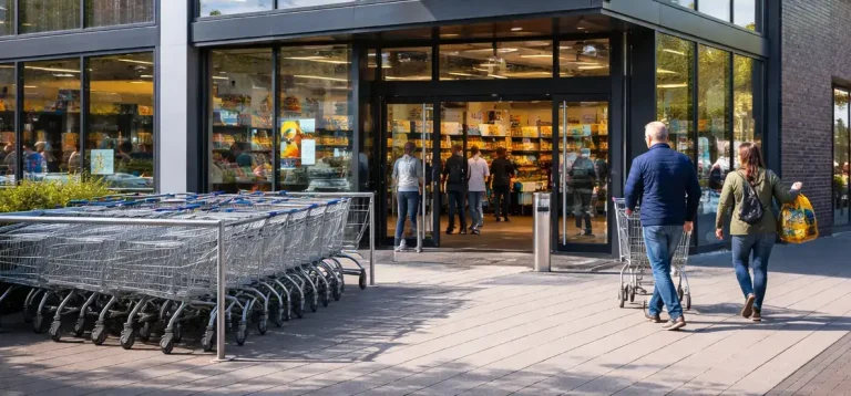 Realistische foto van een Lidl in Drachten met klanten bij de ingang en een frisse, moderne uitstraling.