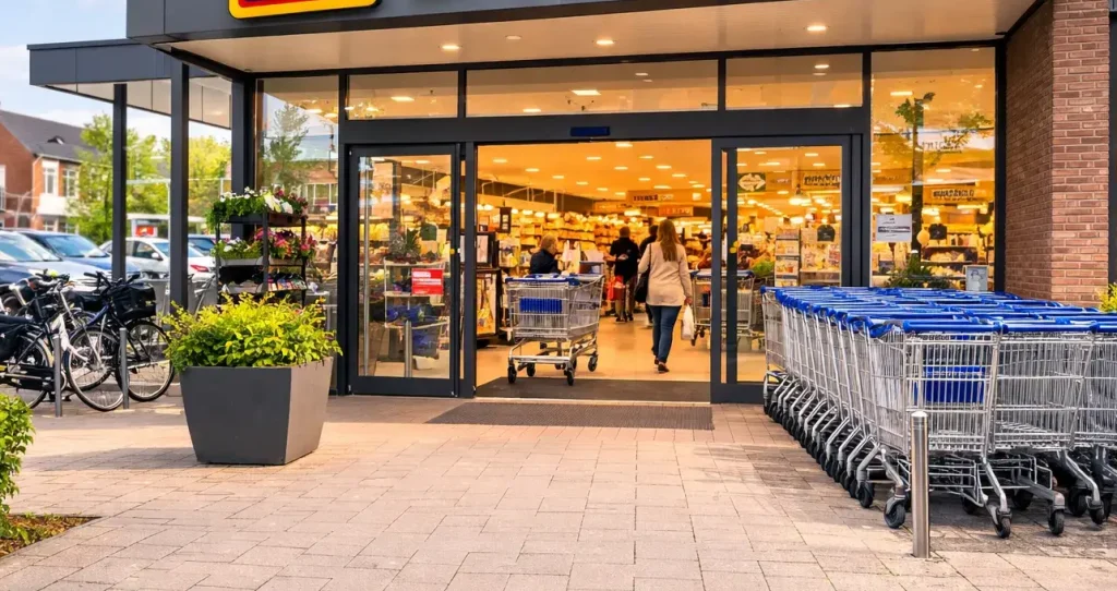 Realistische foto van een Aldi-filiaal in Drachten, met een moderne gevel, parkeerplaats en een rustige winkelsfeer overdag.