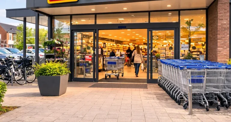 Realistische foto van een Aldi-filiaal in Drachten, met een moderne gevel, parkeerplaats en een rustige winkelsfeer overdag.