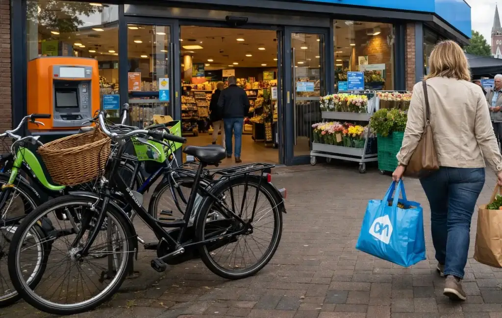 Realistische foto van een Albert Heijn in Drachten, met een nette entree, winkelwagens en een herkenbare Nederlandse winkelsfeer.
