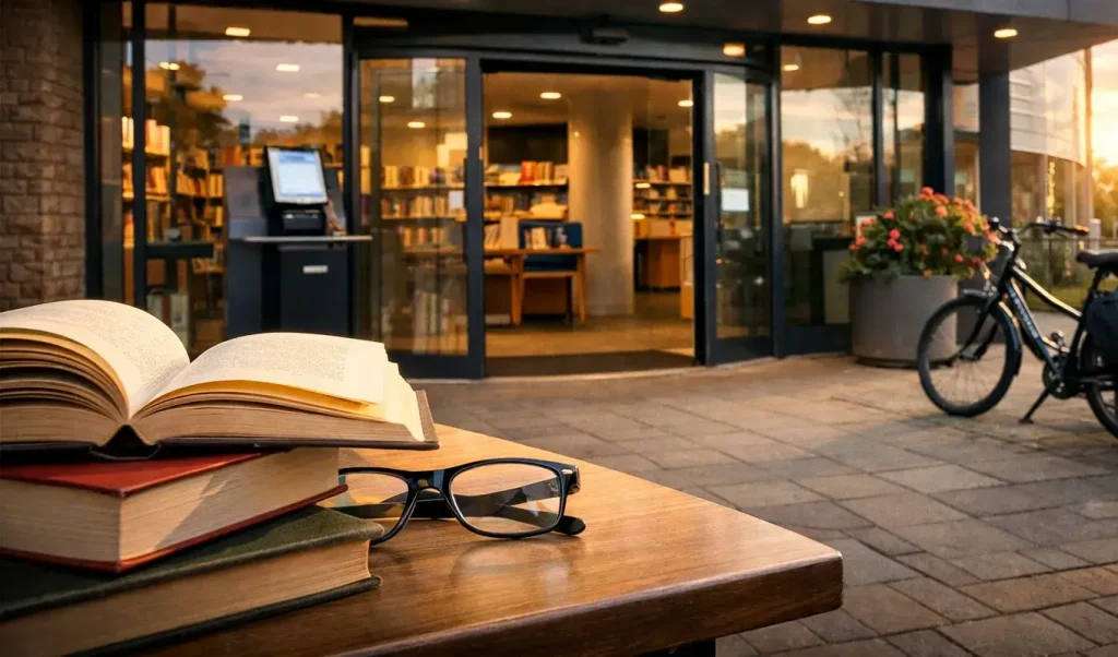 Realistische foto van de bibliotheek in Drachten, rustige entree en herkenbare openbare sfeer, zonder tekst in beeld.