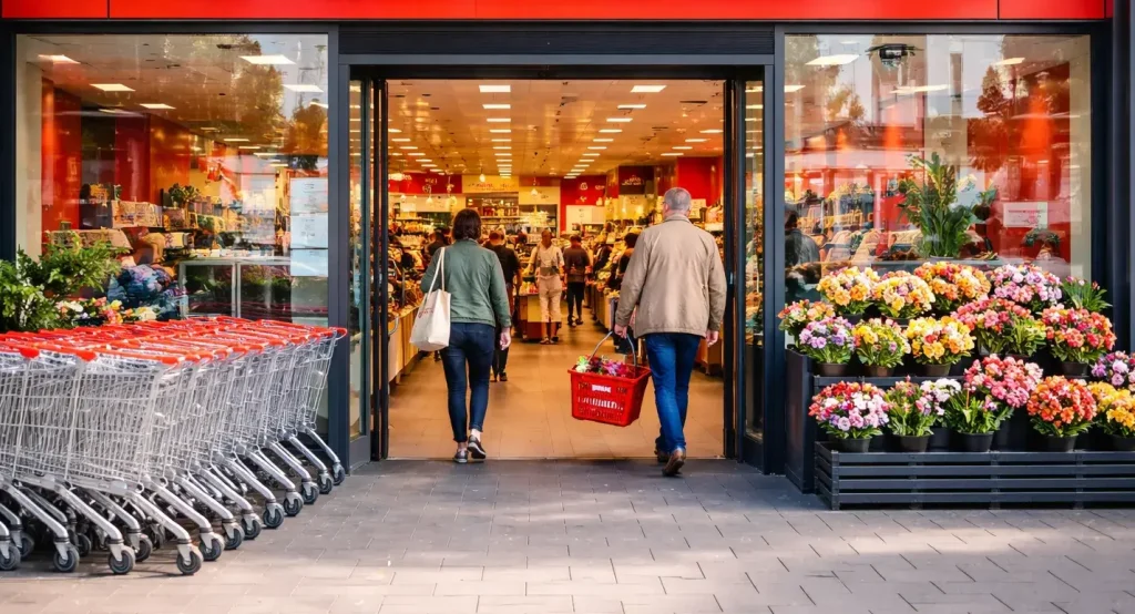 : Realistische foto van de ingang van Dirk van den Broek in Drachten, met winkelwagens en een nette parkeerruimte, overdag en zonder tekst in beeld.
