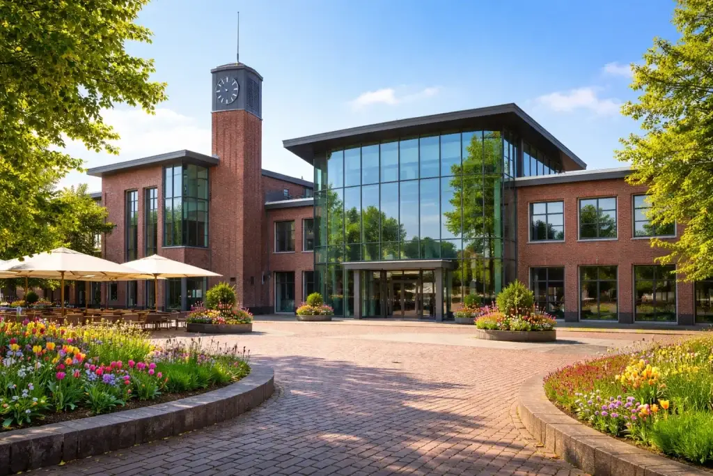 Realistische foto van het stadhuis in Drachten, overdag, met moderne gevel en rustige omgeving, zonder tekst in beeld.